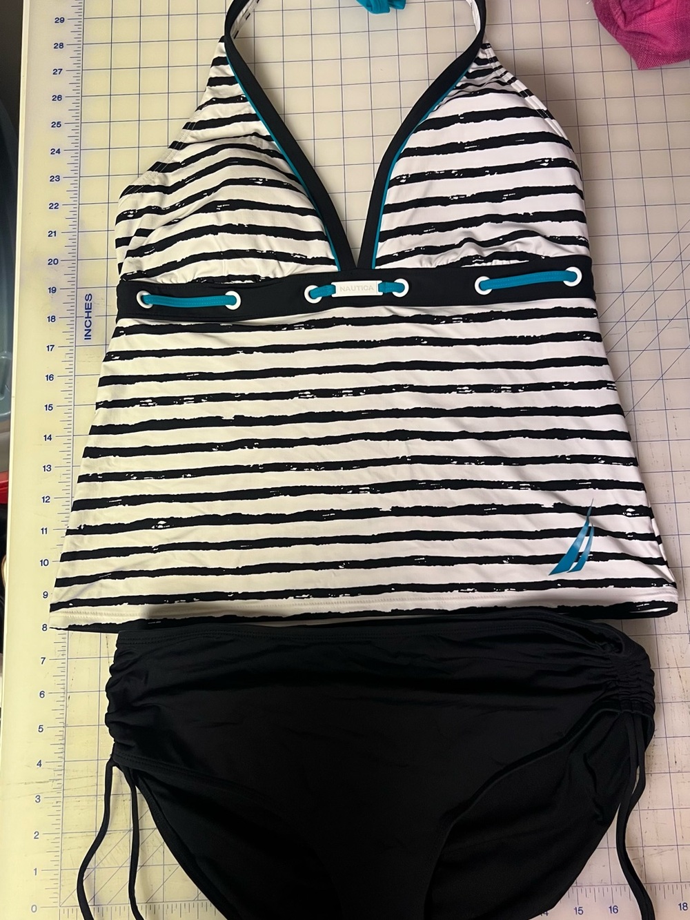 Nautica White & Black Striped Tankini with Teal Cord Accents